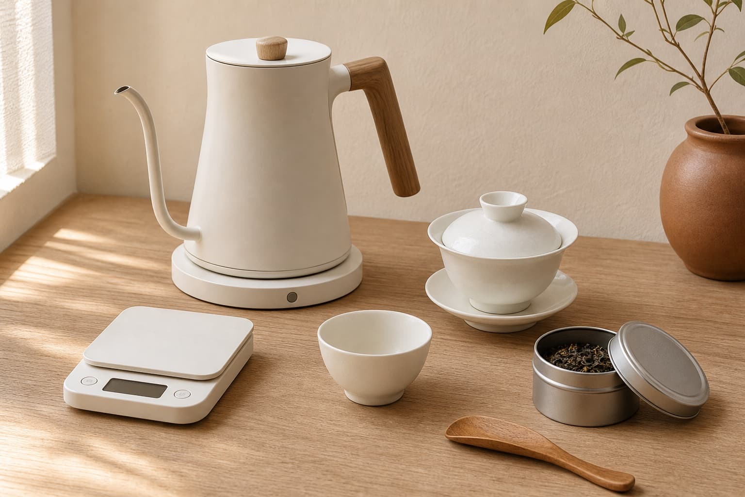 Minimal home tea setup with a kettle, digital scale, gaiwan, cup, and tea tin