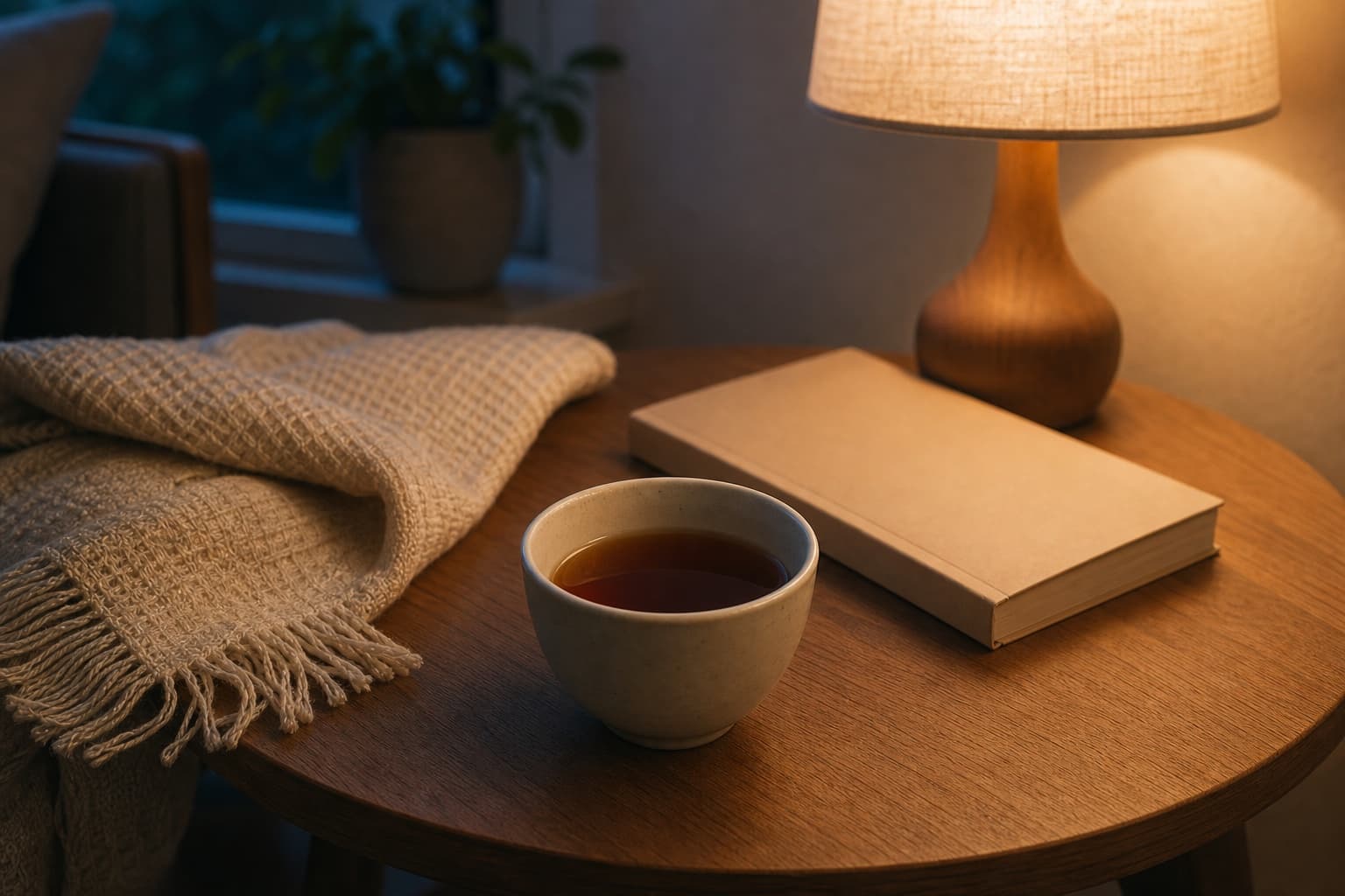 Cup of dark amber tea beside a book and folded blanket under warm evening light