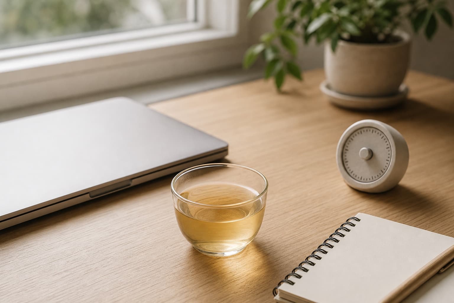 Glass cup of pale tea on a tidy desk beside a closed laptop, timer, and blank notebook