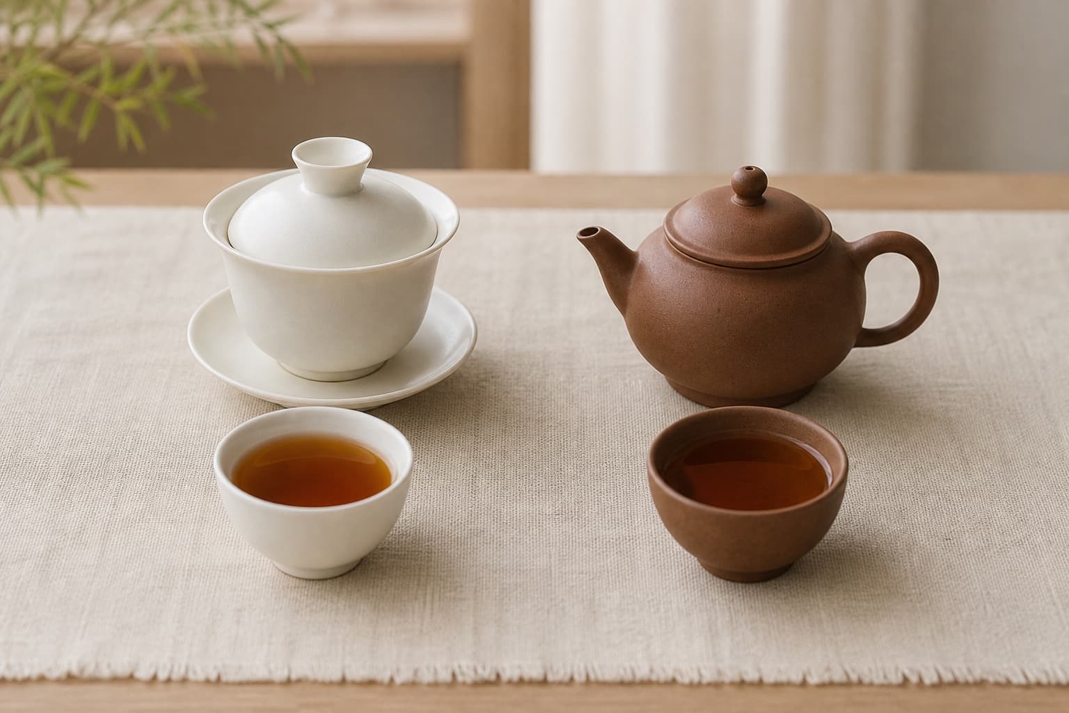 A white gaiwan and a small clay teapot arranged side by side