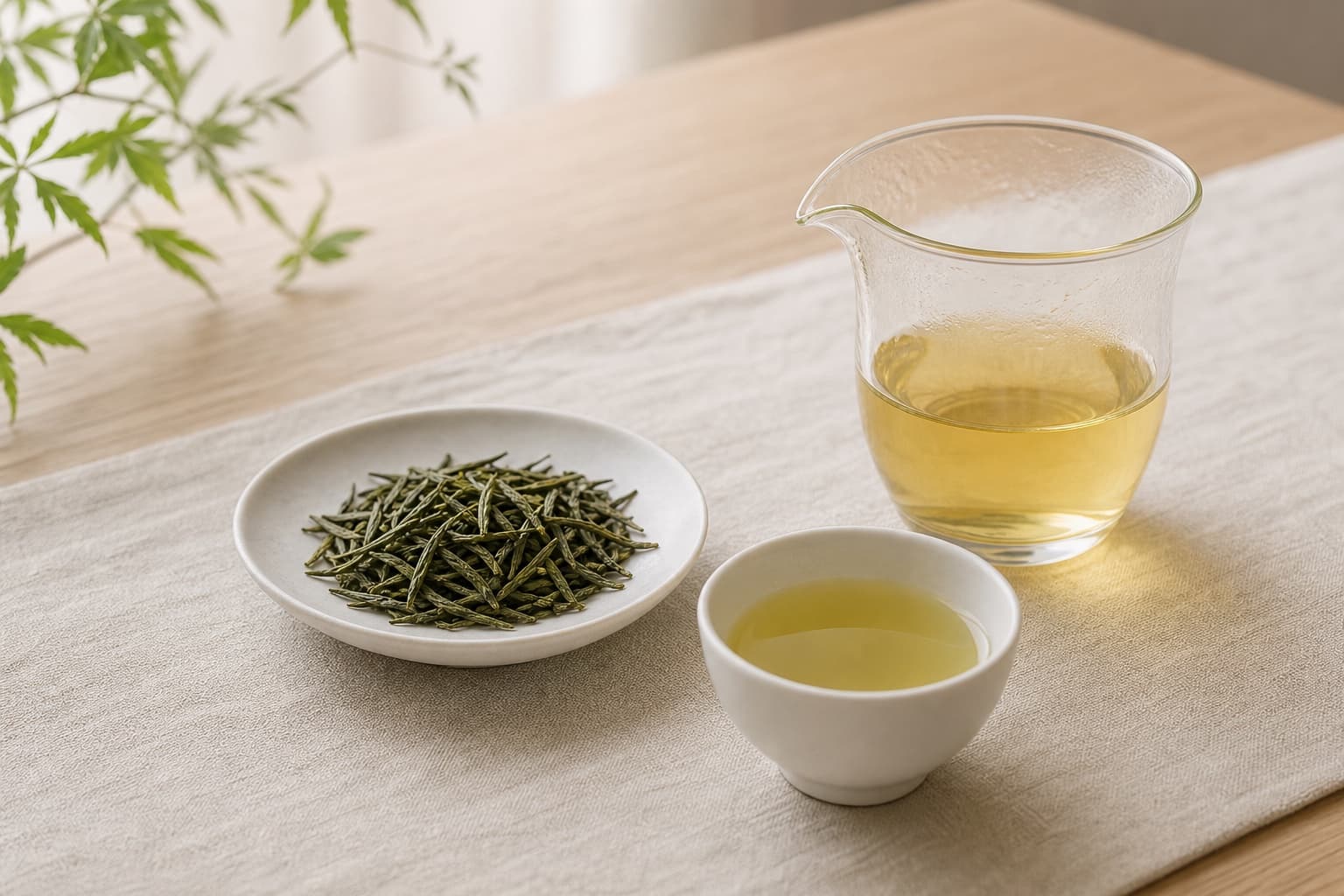 Loose green tea leaves with pale yellow-green tea in simple teaware