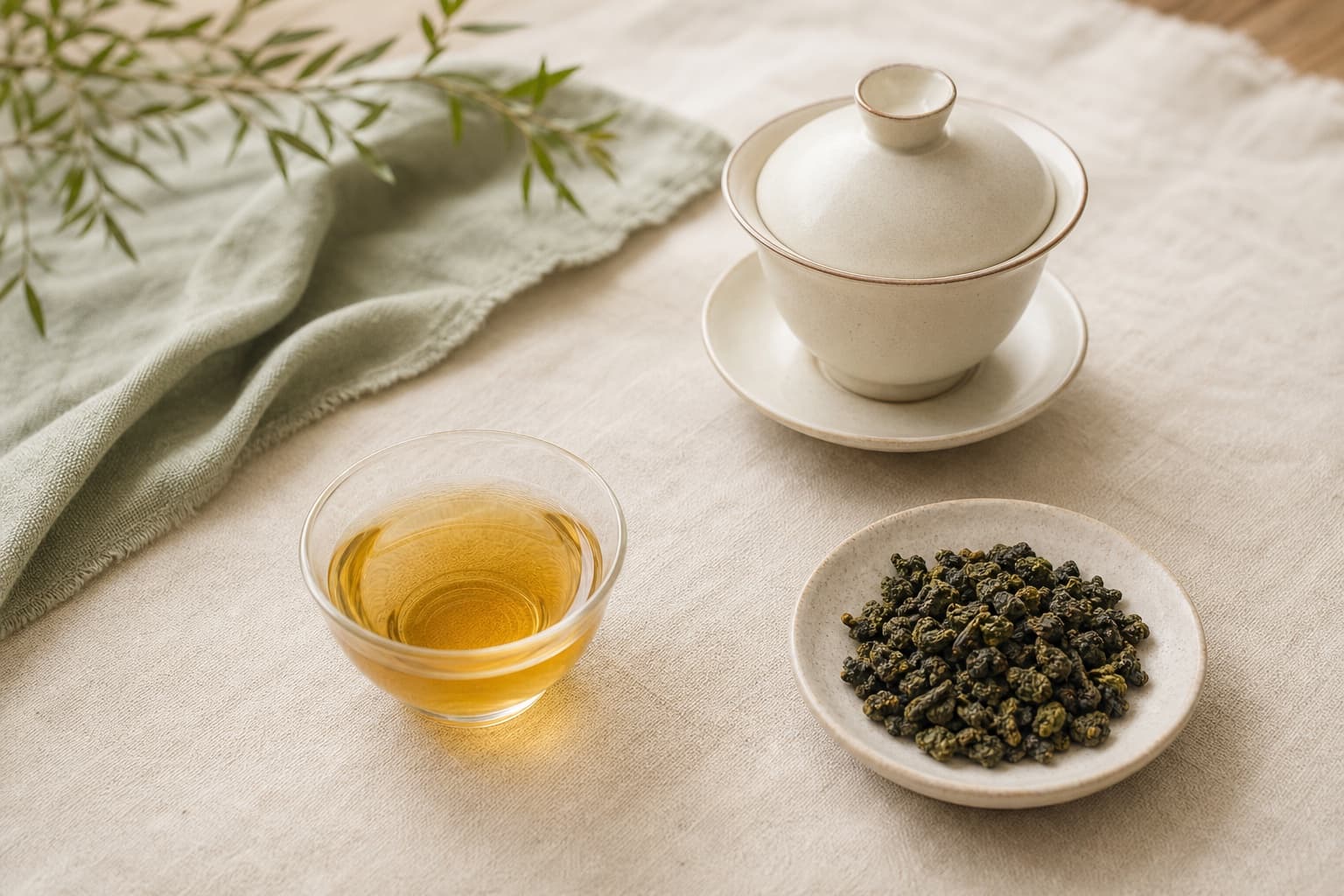 Rolled green oolong, ivory gaiwan, and honey-gold tea