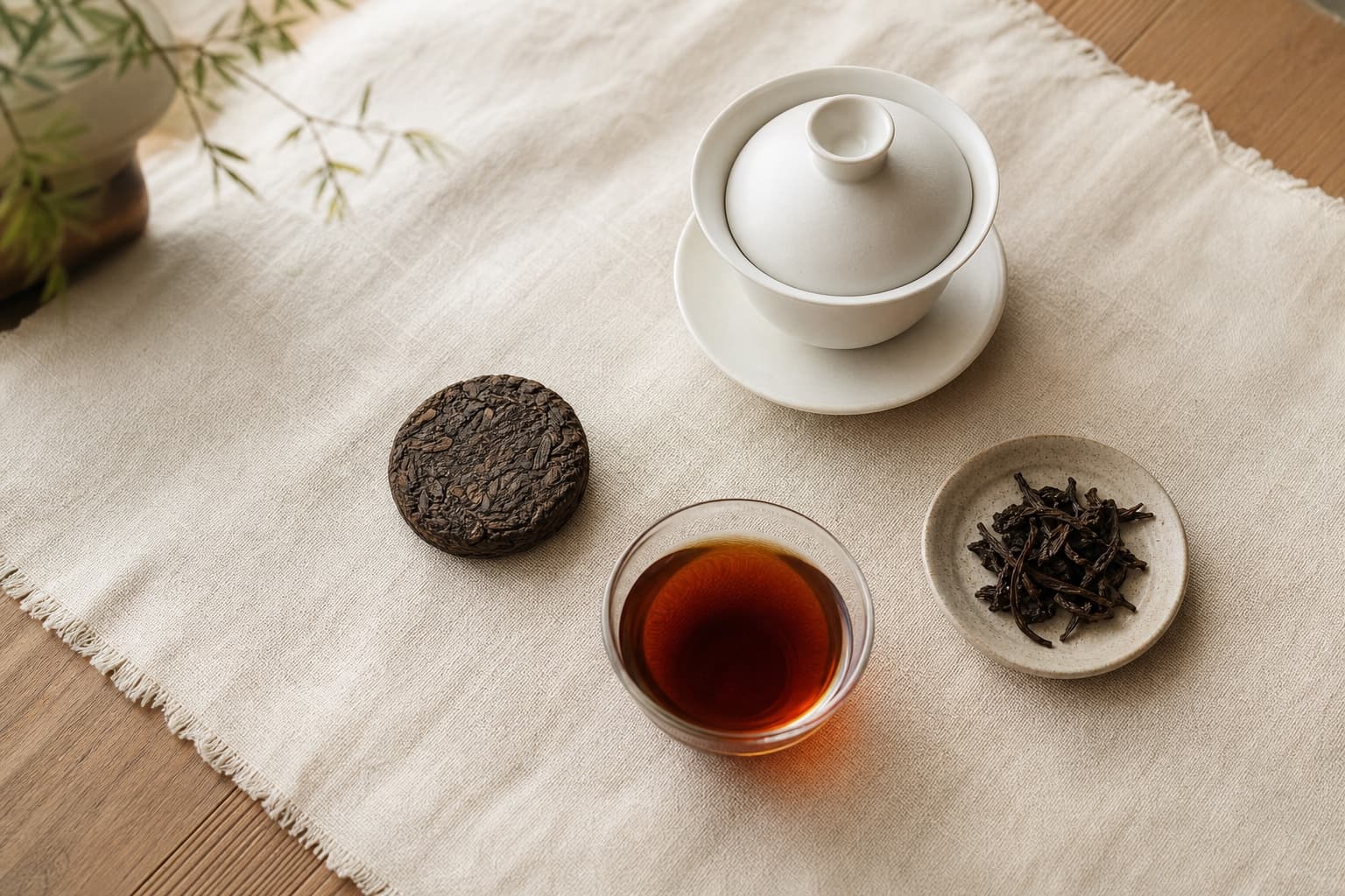 Shu puerh tablet beside a gaiwan and a cup of dark amber tea